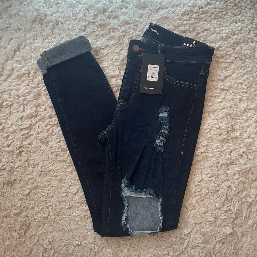 Fashion Nova Dark Blue Distressed Skinny Jeans